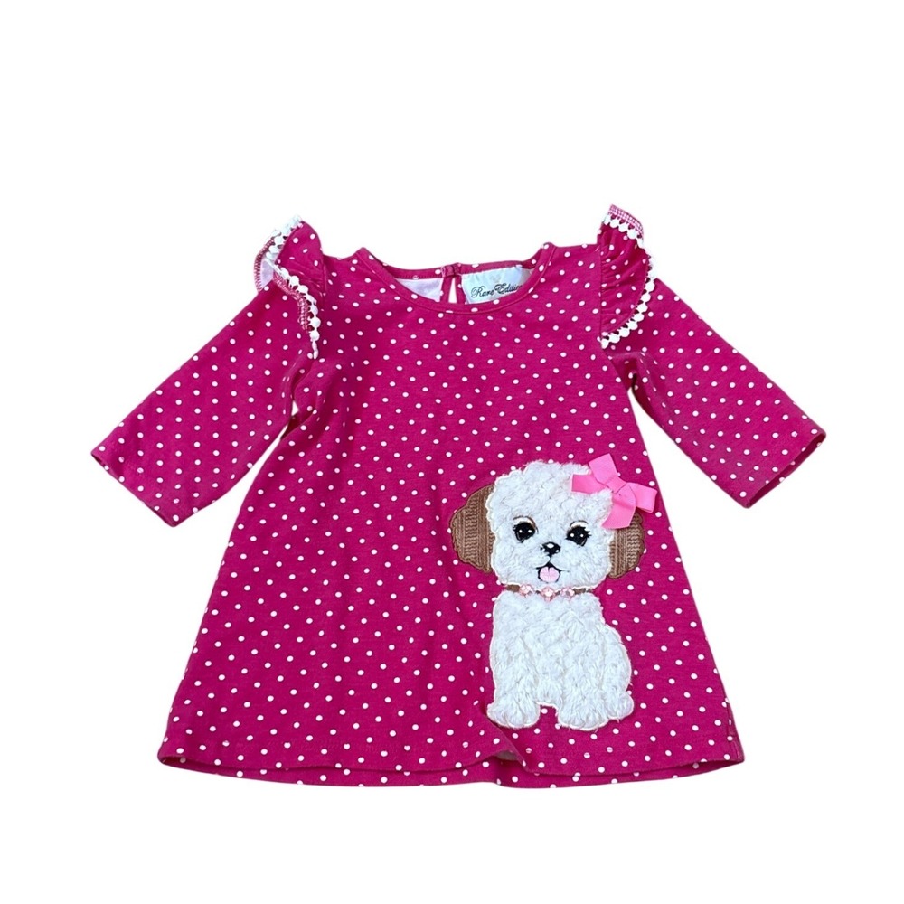 Rare Editions Tunic Top Girls Pink Polka Dot Puppy Dog Ruffle SIZE 3T